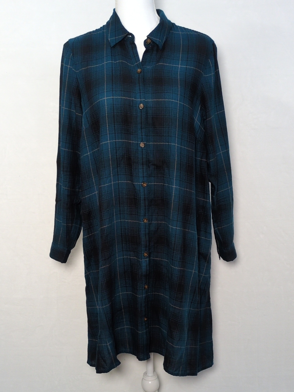 J.Jill Blue Plaid Long Sleeve Button Front Shirt Dress - Medium Petite / MP